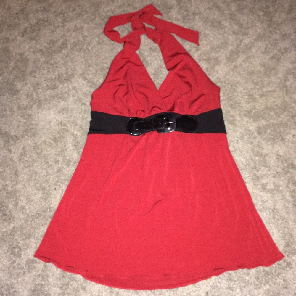COPY - Halter Top Red black patent belt detail Sm…